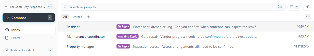 Current Same Day Response Inbox layout with synthetic messages about the ceiling leak, gate repair and inspection access.