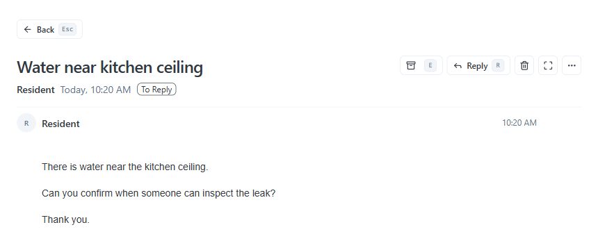 Current Same Day Response message view. A synthetic resident reports water near the kitchen ceiling and asks when someone can inspect the leak.